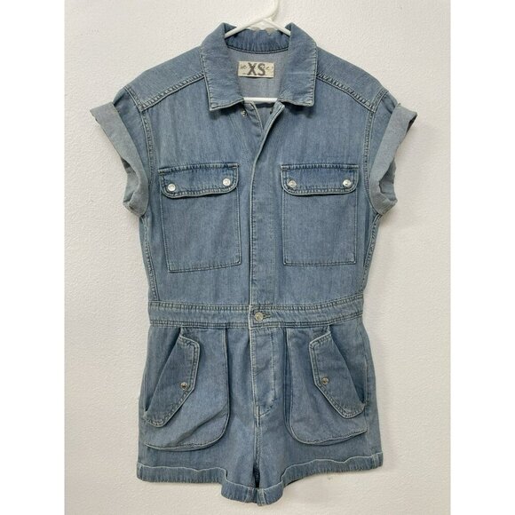 Free People Pants - We the Free Cuffed Marrakesh Snap/Button Denim Romper Oversized Shorts Womens XS